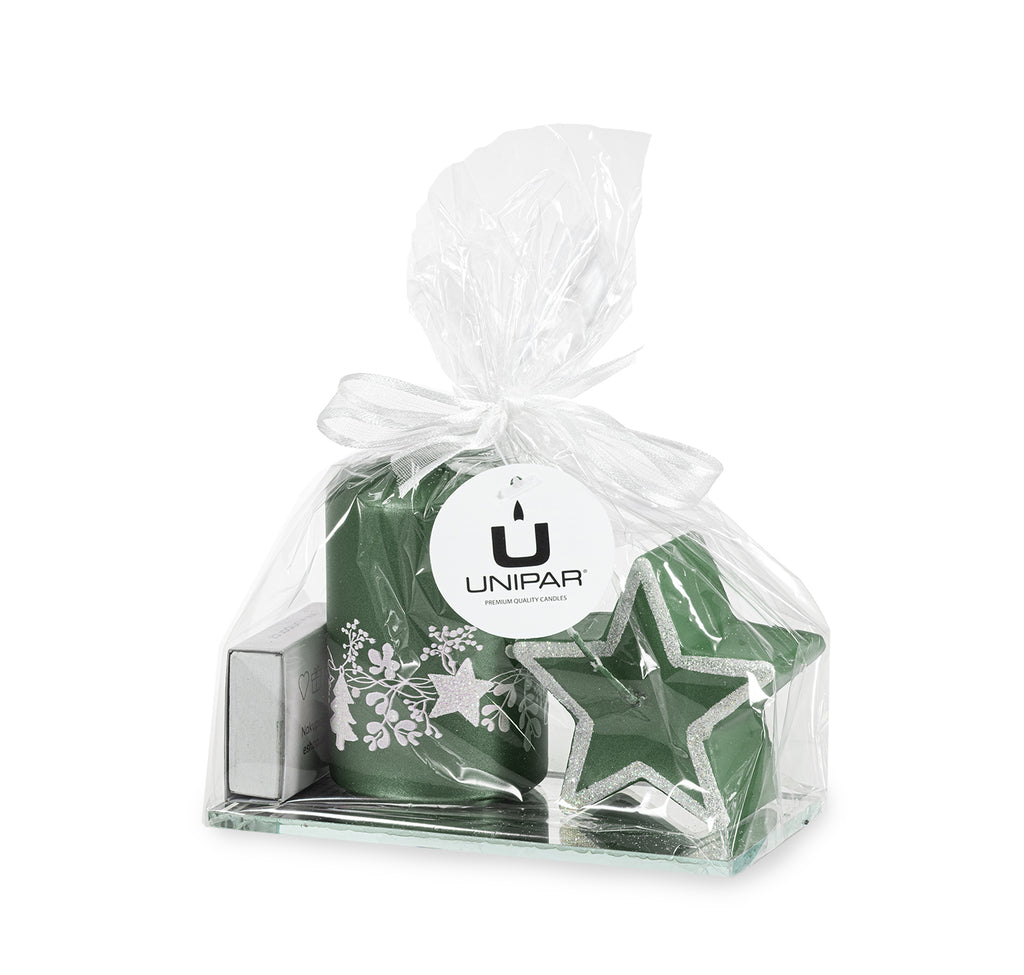Празничен подаръчен комплект свещи с кибрит - зелени