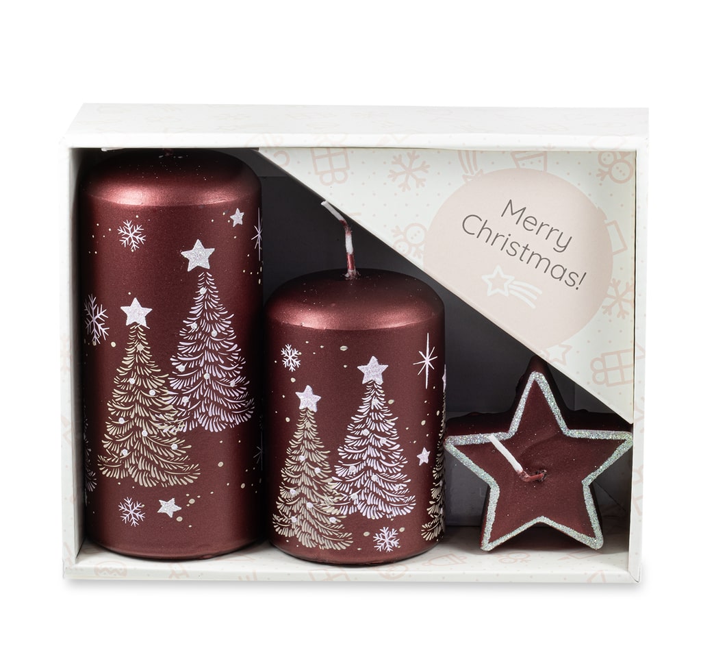 UNIPAR - Подаръчен комплект свещи с коледни и снежни мотиви - червени