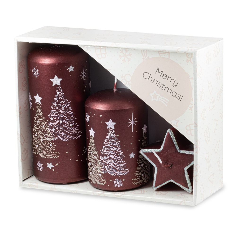 UNIPAR - Подаръчен комплект свещи с коледни и снежни мотиви - червени