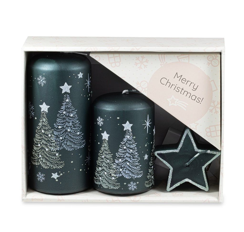 UNIPAR - Подаръчен комплект свещи с коледни и снежни мотиви - зелени