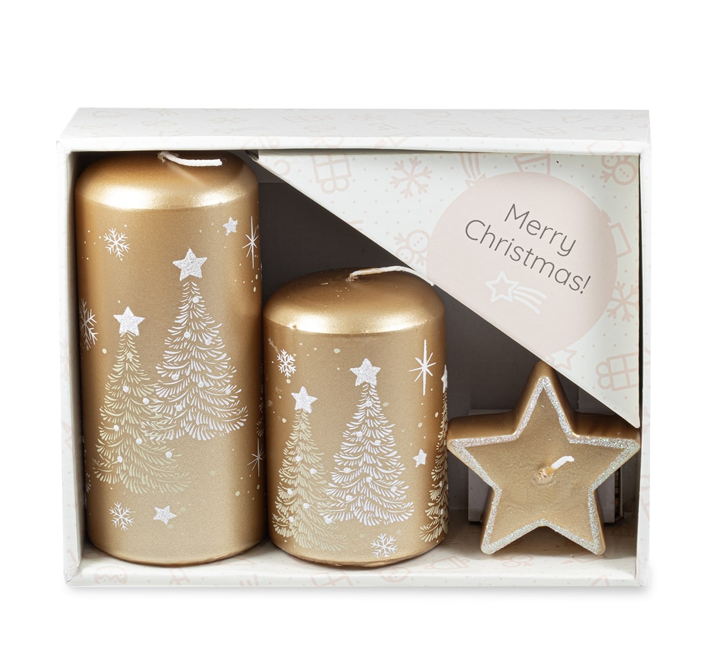 UNIPAR - Подаръчен комплект свещи с коледни и снежни мотиви - златни