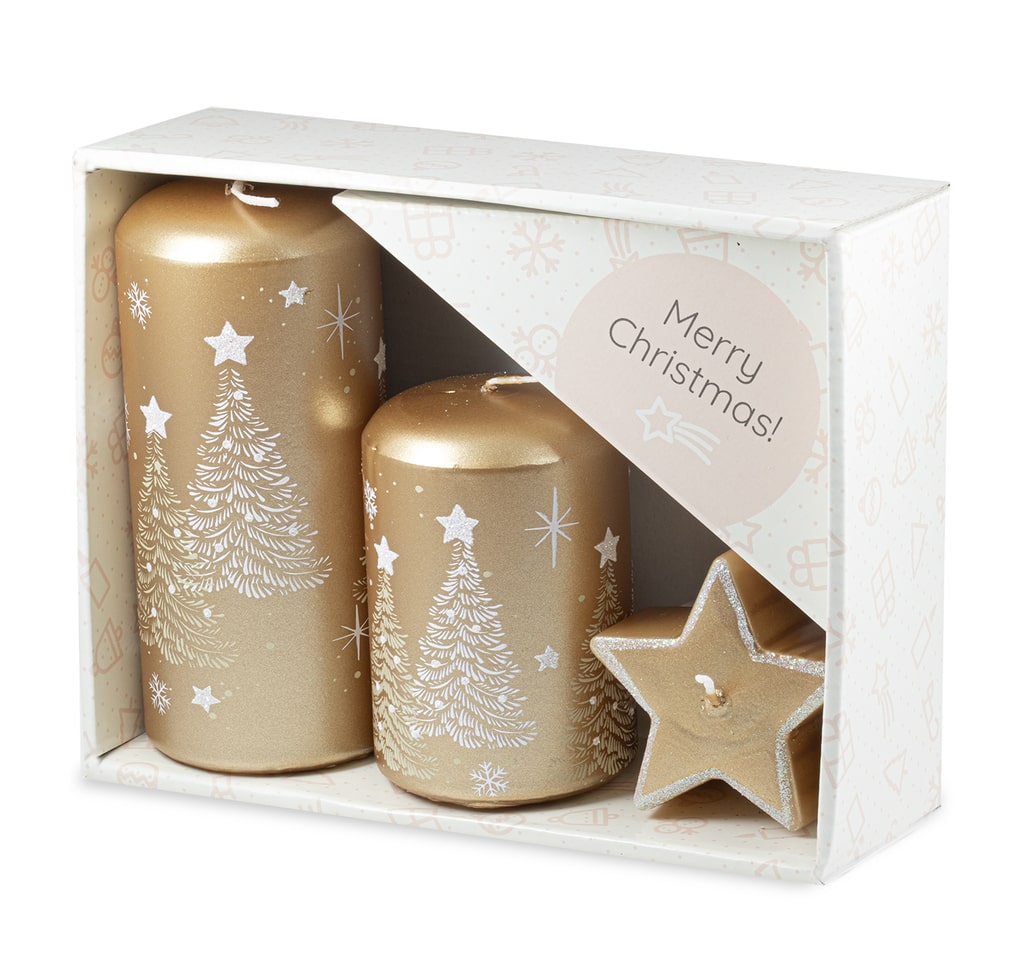 UNIPAR - Подаръчен комплект свещи с коледни и снежни мотиви - златни