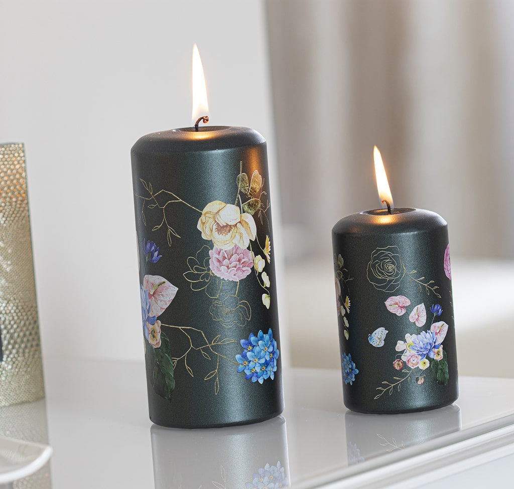 UNIPAR - Елегантна свещ за декорация инкрустирана с цветя - маслено зелена